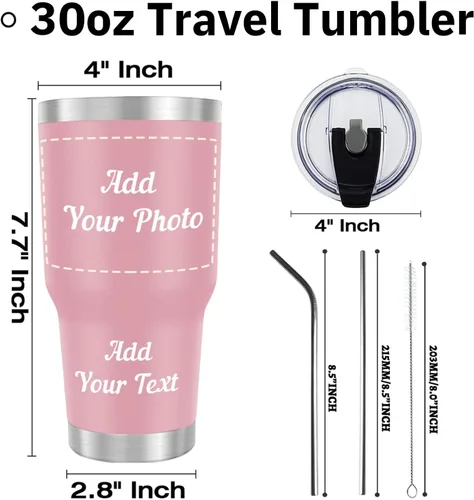 Vista 4 de Vasos personalizados con imágenes, vaso de café de acero inoxidable con foto personalizada de 30 onzas con tapa de texto y pajitas, taza de viaje