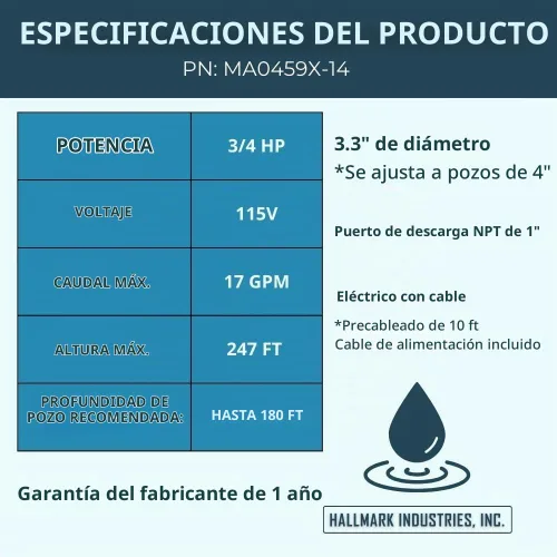 Vista 2 de Hallmark Industries MA0459X-14 bomba de pozo profundo, 3" (3.3" máximo), 3/4 HP, 115V/60Hz/1Ph, 14 etapas, 270' cabeza máximo, 13 GPM máximo, 1"Npt