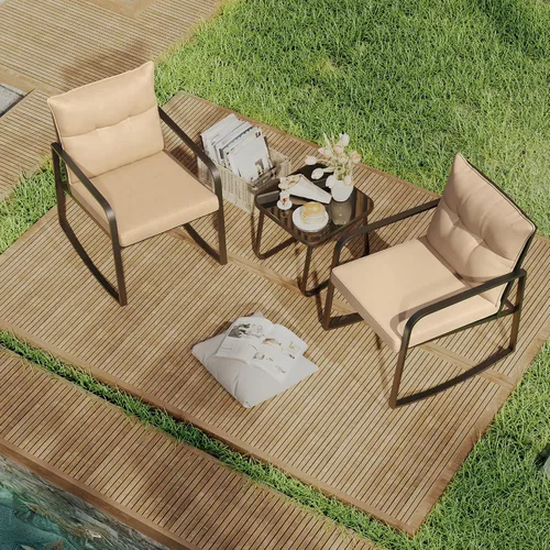 Vista 9 de Gizoon, Juego de 3 piezas de sillas mecedoras estilo bistró, muebles de patio de acero negro, juego de sillas para el porche con mesa de café