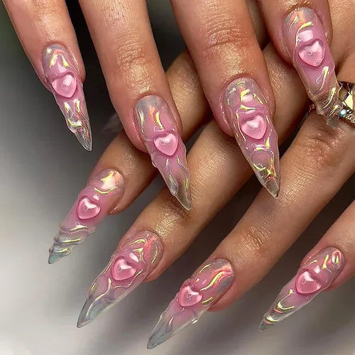 Vista 18 de Uñas postizas a presión con punta francesa, uñas postizas de almendra, cobertura completa, uñas artificiales brillantes, uñas acrílicas medianas