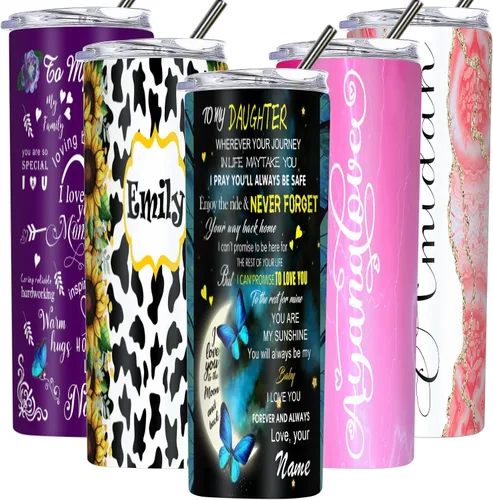 Vista 8 de Vaso delgado personalizado con tapas y pajitas con nombre impreso, vasos aislados personalizados de 20 onzas para mamá, mujeres y hombres