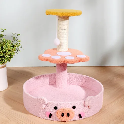 Vista 2 de Lindo árbol de gato de peluche decorativo para gatos, torre de dibujos animados, divertida plataforma de diversión, rascador de sisal natural