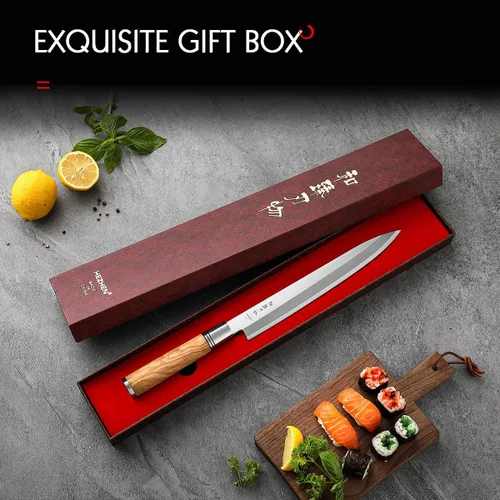 Vista 8 de HEZHEN Cuchillo Sashimi de 9.449 in,Cuchillo de sushi Yanagiba,Mango de madera de olivo con estuche de cuchillo de madera