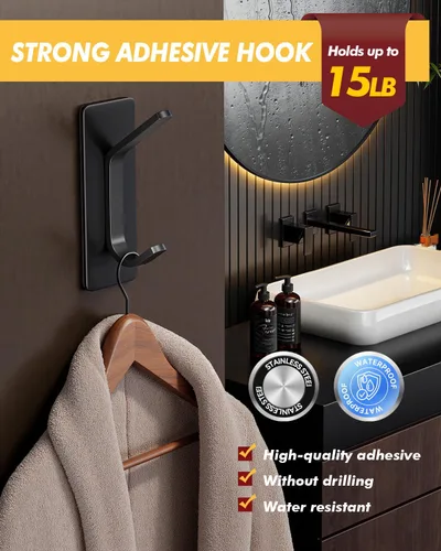 Vista 2 de Auxmir Ganchos autoadhesivos resistentes de 15 libras, paquete de 5 ganchos de pared de acero inoxidable para abrigos, toallas, batas, impermeables