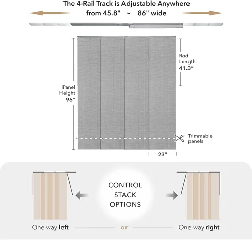 Vista 5 de GoDear Design panel ajustable de cortina deslizante para divisores de habitación colgantes 45.8"- 86" de ancho x 96" de alto, persianas verticales