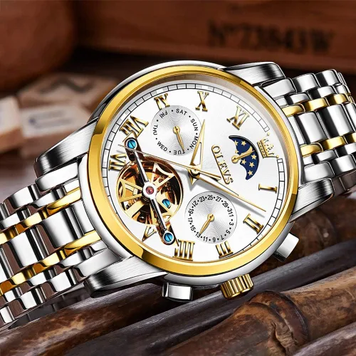 Vista 6 de OLEVS Relojes automáticos para hombre diseño de esqueleto Tourbillon cuerda automática de lujo a la moda reloj de pulsera fase lunar día fecha