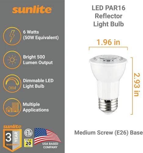 Vista 2 de Sunlite Bombilla LED PAR16 reflectora, 6 vatios (50 W = ), 500 lúmenes, base E26 media, regulable, reflector, 90 CRI, certificación ETL, cumple