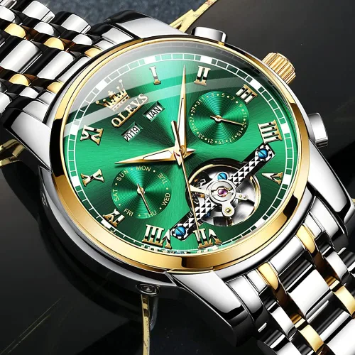 Vista 8 de OLEVS Reloj automático para hombre, cuerda automática, mecánica, de lujo, de acero inoxidable, multicalendario, impermeable, luminoso, reloj
