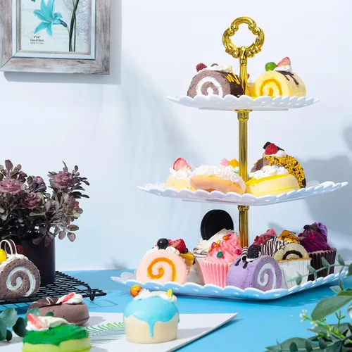 Vista 5 de 6 juegos de 3 niveles de soporte para cupcakes de fiesta de té, platos de postre de plástico blanco para cupcakes, bandejas cuadradas para tartas