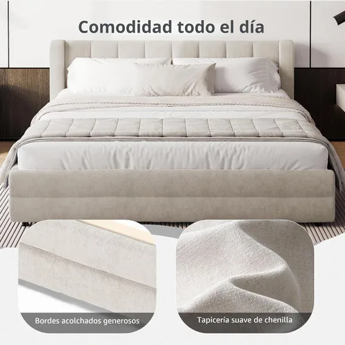 Vista 5 de DEINPPA Bastidor de cama tamaño Queen con 4 cajones de almacenamiento y cabecera suave tipo nube, base de madera con tapizado de chenilla, no Beige