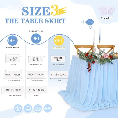 Vista 6 de QueenDream Falda de mesa de gasa azul bebé de 6 pies para mesa rectangular, mantel transparente para baby shower, boda, cumpleaños, fiesta temática
