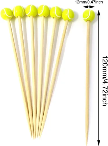Vista 2 de Honbay 100 piezas decorativas de bola deportiva para cóctel, tenis, bambú, frutas, palillos de madera para cóctel, para aperitivos, recuerdos