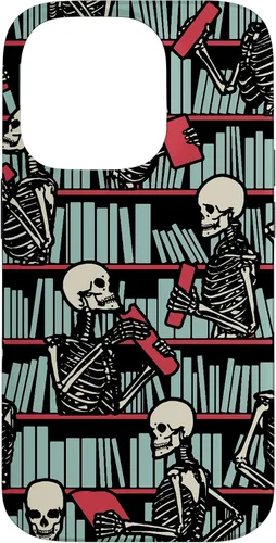 Vista 17 de iPhone 16 Bookish Public Library Skeleton Goth Librarian Books Pattern Case