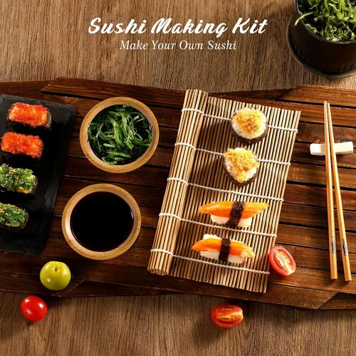 Vista 6 de Delamu Kit de fabricación de sushi, kit de rodillo de bazooker 22 en 1 con alfombrillas de bambú, cuchillo de chef, molde de arroz para sushi