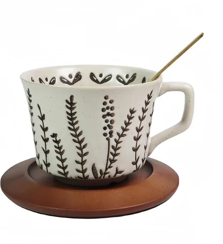 Vista 10 de Taza de café de cerámica vintage Taza de té de café de cerámica gruesa con platillo y cuchara de madera, taza de té y platillo de 12 onzas