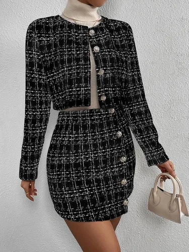 Vista 6 de Floerns Conjunto de 2 piezas para mujer, blazer de tweed a cuadros, chaqueta de manga larga y falda
