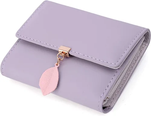Vista 175 de UTO - Cartera pequeña RFID de piel sintética con dije de hoja, cierre de cremallera y tarjetero.