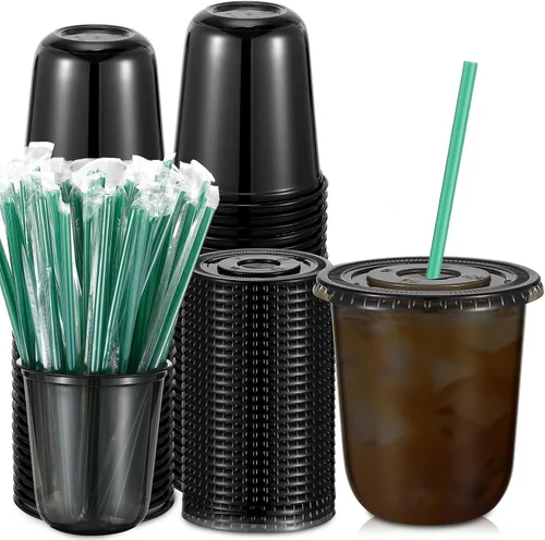 Vista 10 de Baderke Juego de 25 vasos de plástico con tapas y pajitas, tazas de plástico desechables para café helado, jugo, batido, cristal para cafeterías