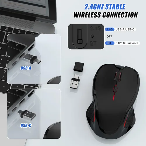 Vista 3 de Mouse inalámbrico Bluetooth para Mac Pro MacBook Air, mouse recargable con mouse Jiggler, interruptor de 3 modos Bluetooth 5.2/3.0 y receptor Negro