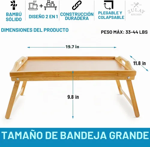 Vista 3 de Zulay Bandeja plegable de bambú para desayuno, bandeja para cama y aperitivos con patas, escritorio para laptop