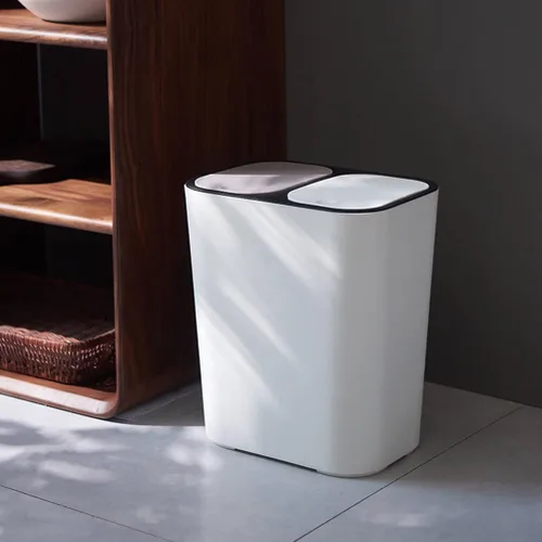 Vista 8 de Bote de basura de doble compartimento para residuos de cocina, contenedor de basura blanco con tapa para separación seca y húmeda, elegante cubo