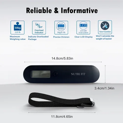 Vista 7 de NUTRI FIT - Báscula de equipaje portátil digital para colgar en viajes, báscula de peso para maleta, pantalla LCD de 110 libras110.2 lbs, equilibrio