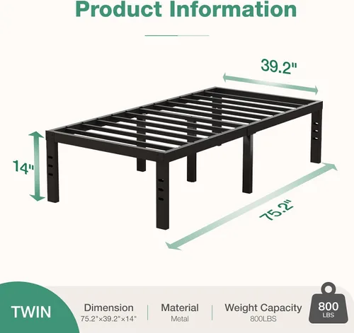 Vista 2 de Novilla - Base de cama individual, plataforma de metal de 14 pulgadas con espacio de almacenamiento debajo de la cama, soporte de listones de acero