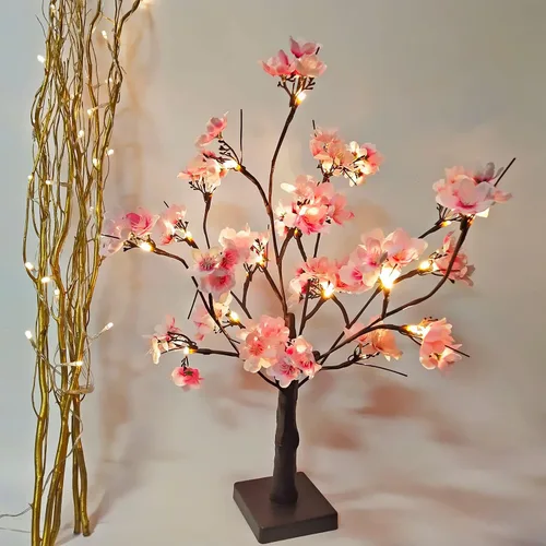 Vista 2 de Árbol de cerezo iluminado, 21.7 pulgadas, 24 luces LED artificiales de mesa de cerezo bonsái, funciona con pilas, decoración de árbol de flores