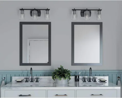 Vista 4 de Progress Lighting Adley Collection - Lámpara de tocador de baño tradicional con 3 luces, de cristal transparente, color negro mate, 7-5/8 x 23 Mate