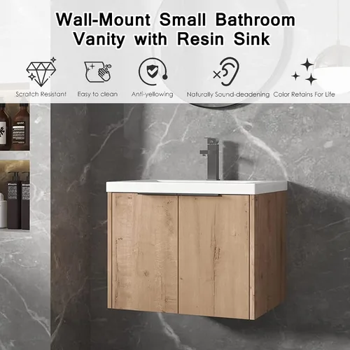 Vista 4 de SSLine Juego de tocador de baño montado en la pared con lavabo moderno de 24 pulgadas con lavabo superior y armario de almacenamiento, armario