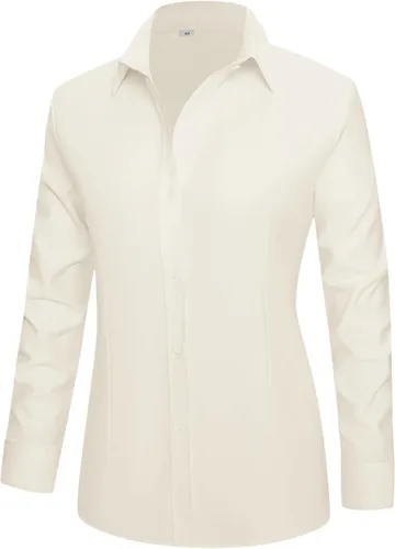 Vista 4 de Camisas de vestir ajustadas de algodón para mujer, blusas de manga larga para oficina, blusas con cuello