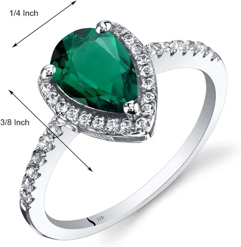 Vista 3 de Peora Anillo de halo de lágrima de esmeralda creado para mujer, oro blanco de 14 quilates con topacio blanco auténtico, forma de pera de 1.25