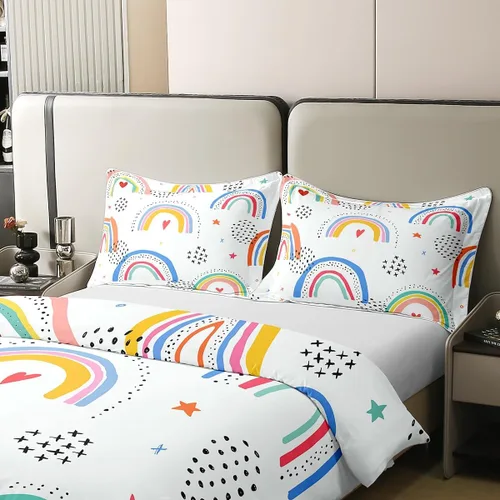 Vista 4 de Funda de edredón de 100 % algodón natural con diseño de arco iris, diseño de rayas coloridas, tamaño individual con 1 funda de almohada, estampado