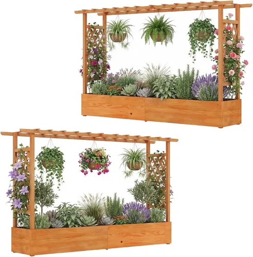 Vista 15 de HAPPYGRILL Cama de jardín elevada con enrejado y techo colgante
