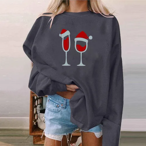 Vista 2 de Sudadera navideña para mujer, manga larga, cuello redondo, ajuste holgado, camisas sudaderas de tela para otoño e invierno
