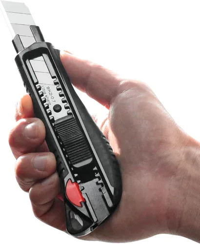 Vista 4 de HAUTMEC Cuchillo utilitario de 18 mm con agarre suave y bloqueo automático con interruptor de seguridad rojo, cortador resistente con hoja negra