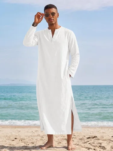 Vista 5 de Runcati Bata de caftán para hombre de manga larga Thobe Kurta Muslim Blanco