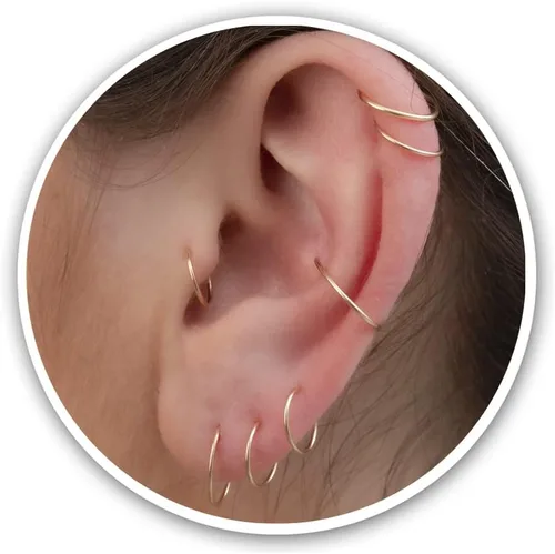 Vista 10 de Aretes de aro de oro de plata – Aretes de aro para mujer, dos piezas de aros de plata fina rellenos de oro, aro de hélice, anillo de tragus, aro