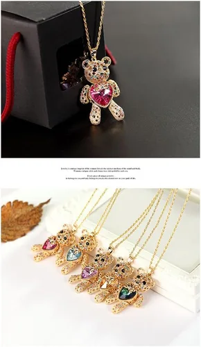 Vista 4 de AOCHEE Collar de oso de peluche, colgante de cristal con corazón de amor, joyería para novia y princesa