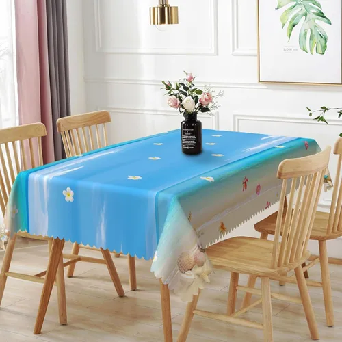 Vista 24 de Mantel oblongo, diseño de playa de 52 x 70 pulgadas, diseño de playa con estrellas de mar y olas de mar, con decoración impermeable y resistente a
