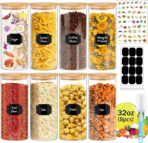 Vista 8 de BGraceyy Tarros de especias con etiquetas, 35 tarros de especias de vidrio de 4 onzas con tapas de bambú, recipientes herméticos apilables