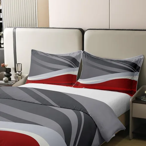 Vista 4 de Juego de funda de edredón moderna abstracta 100% algodón, tamaño individual, para niños, rojo, gris, negro, geométrico, juego de ropa de cama