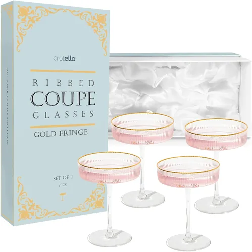 Vista 9 de Crutello Copas de champán Coupé, juego de 4-7 onzas, rosa, acanalado Rosa rubor