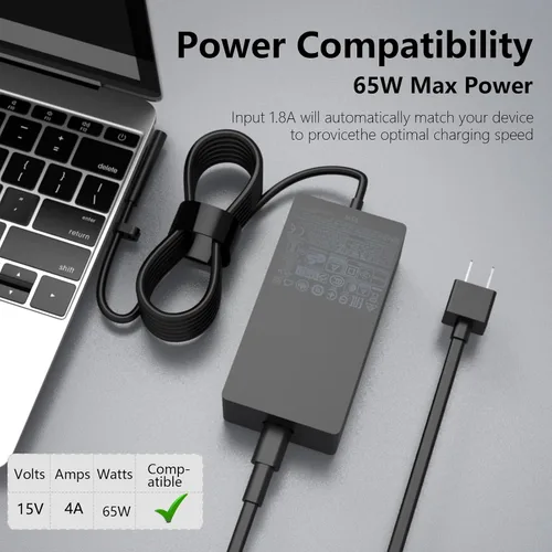 Vista 6 de Cargador Surface Pro de 65 W, 44 W, compatible con Microsoft Surface Pro 11 10 9 8 7+ 7 6 5 4 3 X portátil, cable de alimentación adaptador