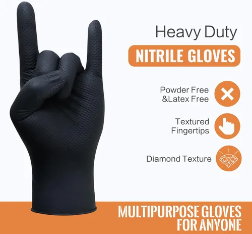 Vista 3 de Wostar Guantes industriales de nitrilo negro, grandes de 8 mil, con textura de diamante, sin látex y polvo, guantes resistentes, 100