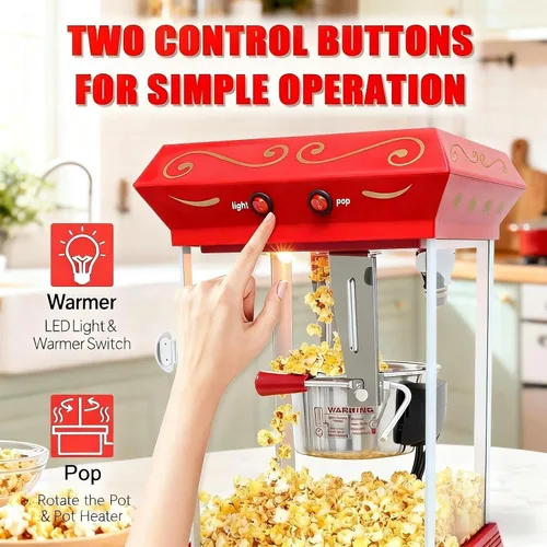 Vista 3 de Máquina de palomitas de maíz de 8 onzas con carrito y ruedas, máquina para hacer palomitas de maíz, estilo cine para el hogar, fiestas, Navidad, uso