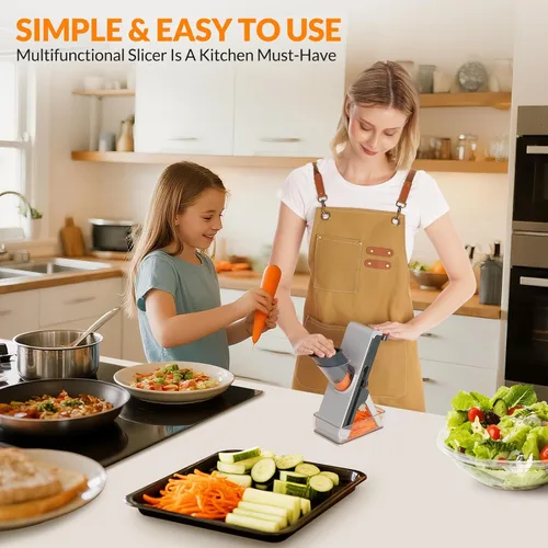 Vista 4 de Cortador de mandolina seguro para cocina, cortador de verduras multifuncional FEICO picador de mandolina para verduras y papas vegetales