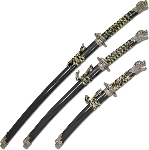 Vista 2 de Snake Eye Tactical Highlander Dragon Design Handle Samurai Katana - Juego de espada triple con soporte de espada