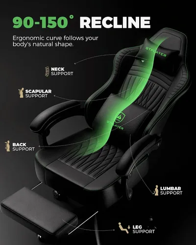 Vista 6 de GTPLAYER Silla de juegos para adultos, sillas ergonómicas de videojuegos, reposapiés y reposabrazos de acoplamiento, silla reclinable de respaldo