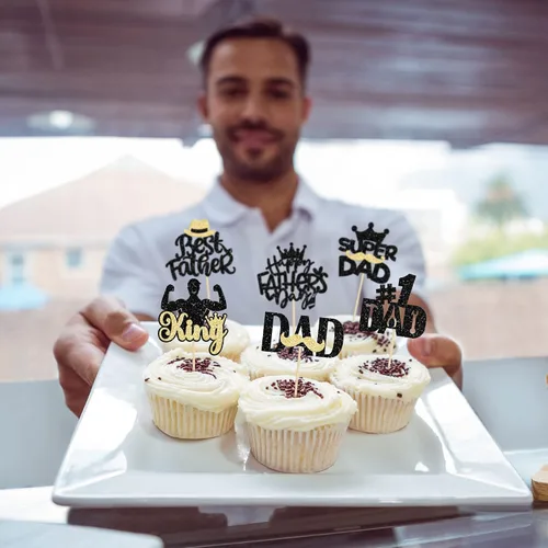 Vista 7 de Gyufise 24 adornos para cupcakes con purpurina para el Día del Padre, diseño de bigote con purpurina, para papá, mejor papá, herramienta